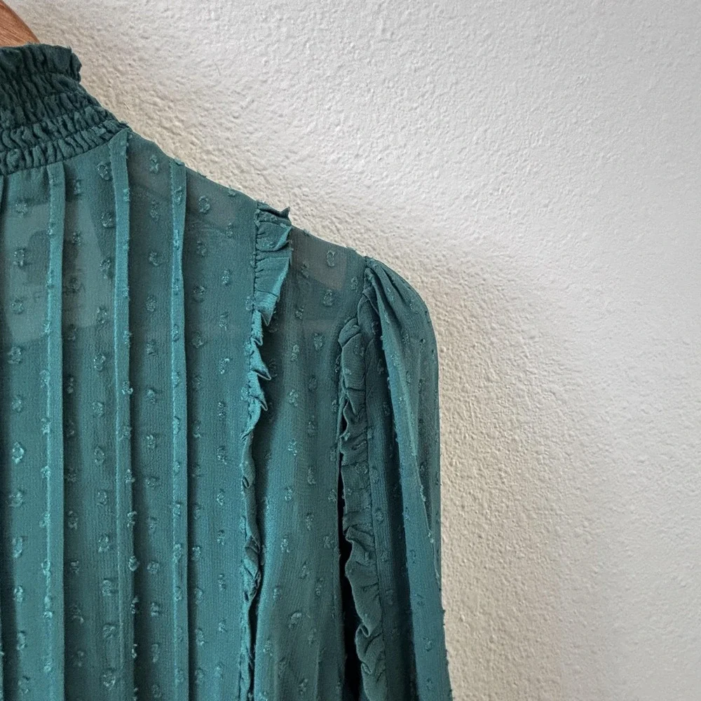 Farm Rio Swiss Dot Mock Neck Blouse Top Womens XS Green Sheer Ruffle Puff Sleeve